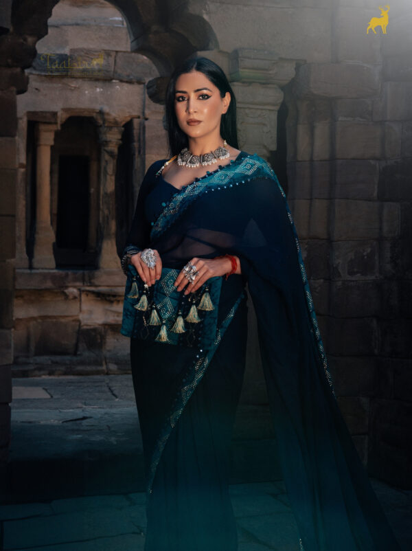 Royal Blue Bandhani Bandhej Saree with Mirror Work