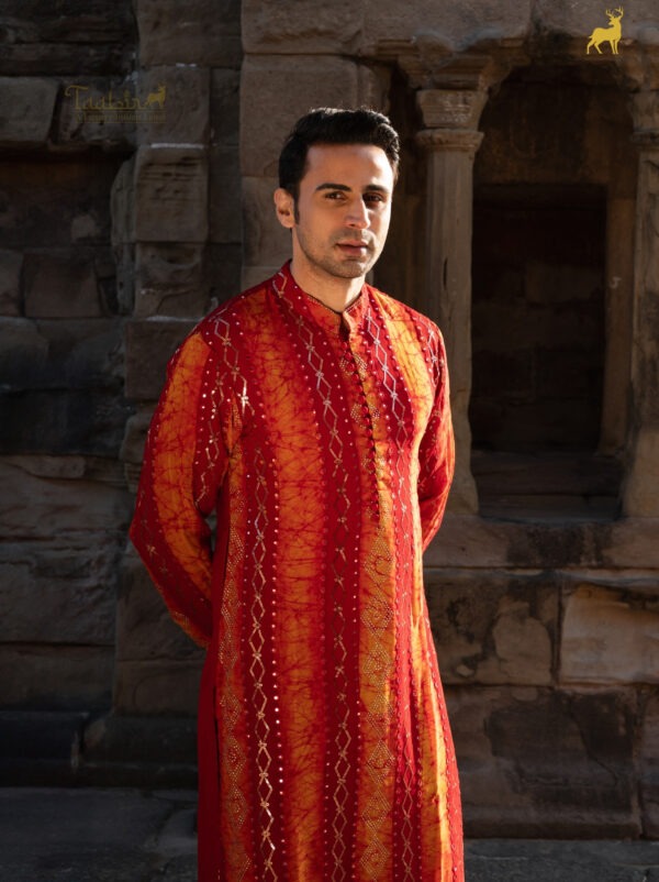 Yellow & Red Bandhani Kurta Pajama Set with Mirror Work