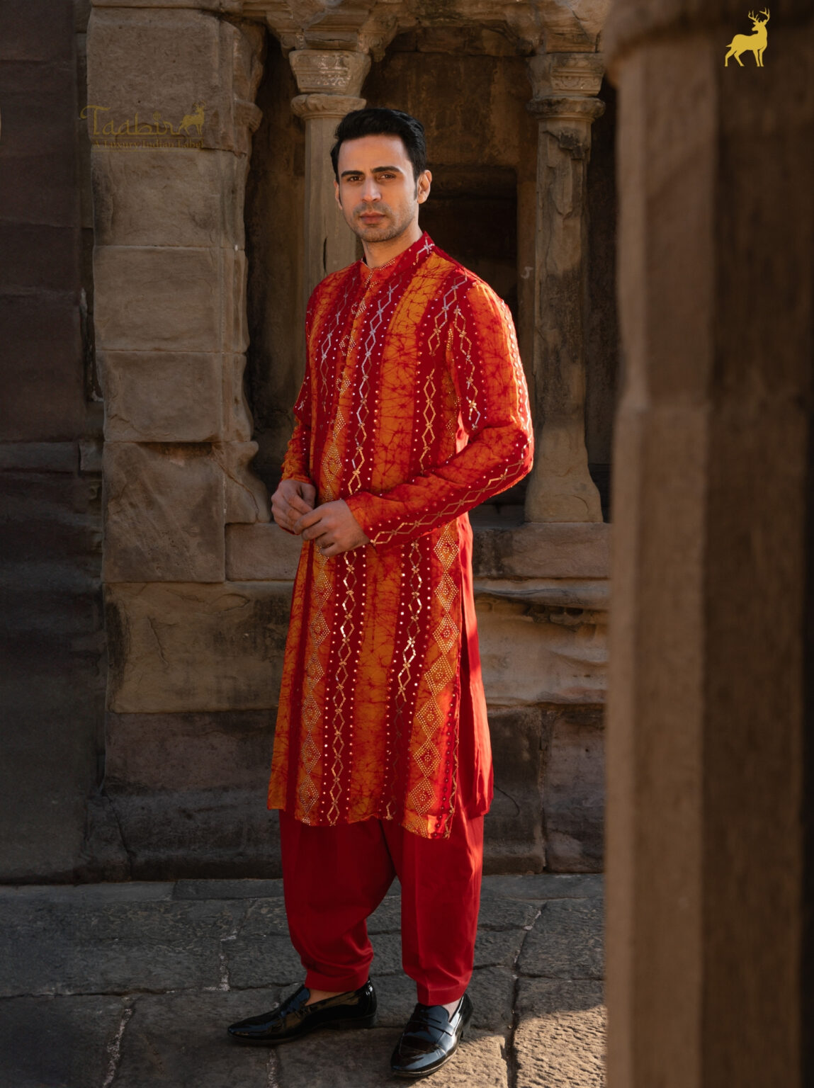 Yellow & Red Bandhani Kurta Pajama Set with Mirror Work