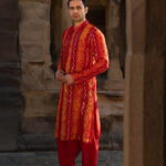 Yellow & Red Bandhani Kurta Pajama Set with Mirror Work