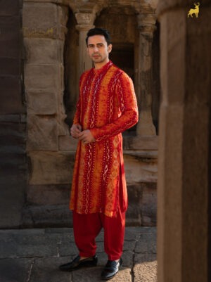 Yellow & Red Bandhani Kurta Pajama Set with Mirror Work
