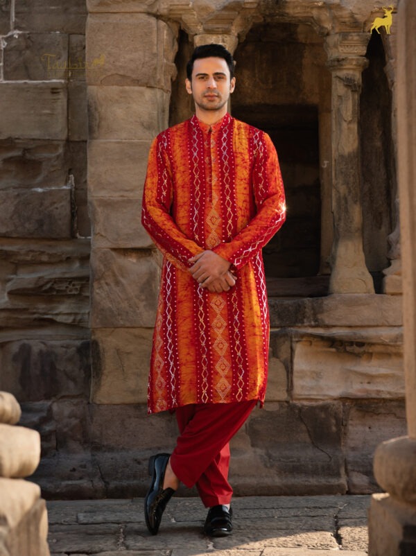Yellow & Red Bandhani Kurta Pajama Set with Mirror Work