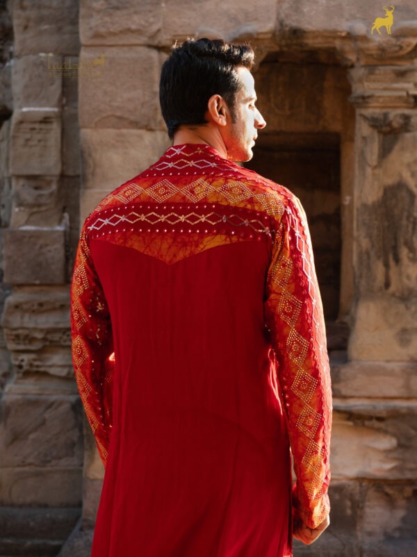 Yellow & Red Bandhani Kurta Pajama Set with Mirror Work