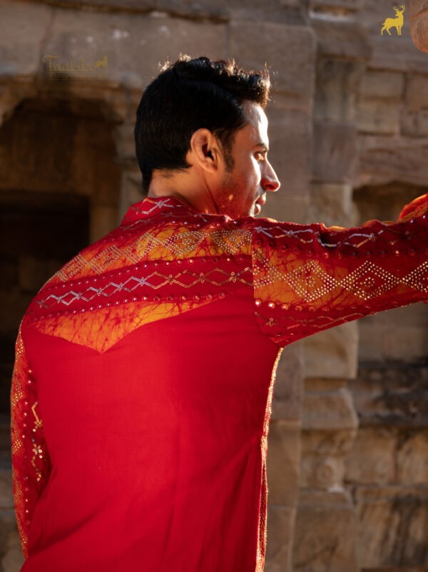 Yellow & Red Bandhani Kurta Pajama Set with Mirror Work