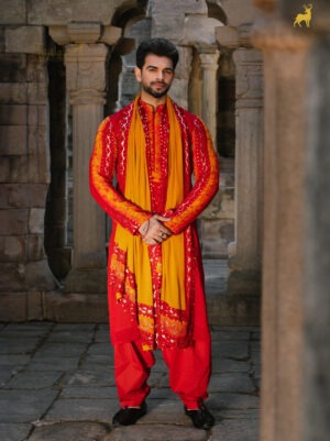 Yellow & Red Bandhani Kurta Set with Dupatta