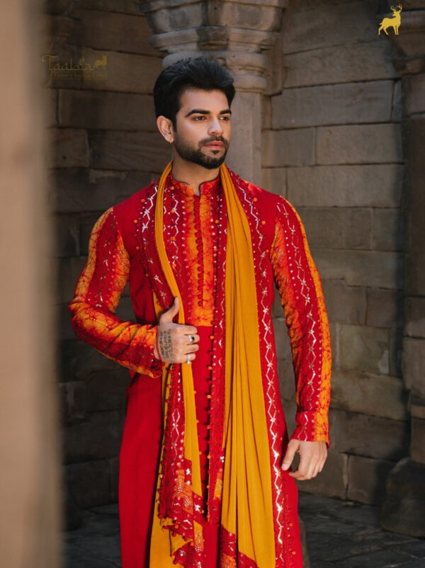 Yellow & Red Bandhani Kurta Set with Dupatta