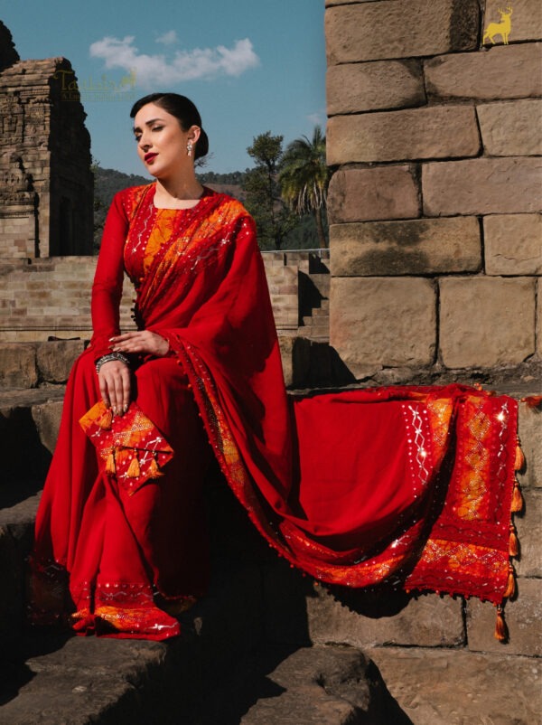 Yellow & Red Bandhani Saree with Backless Blouse