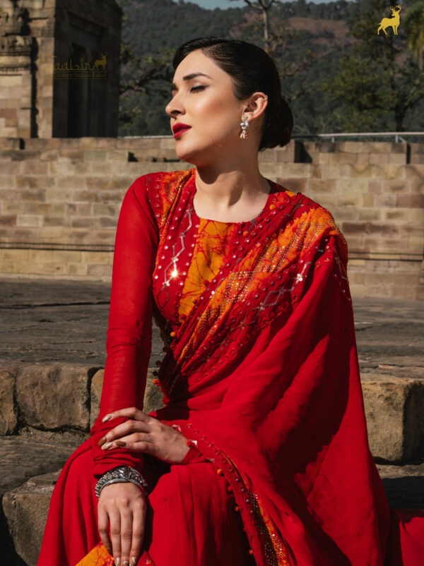 Yellow & Red Bandhani Saree with Backless Blouse
