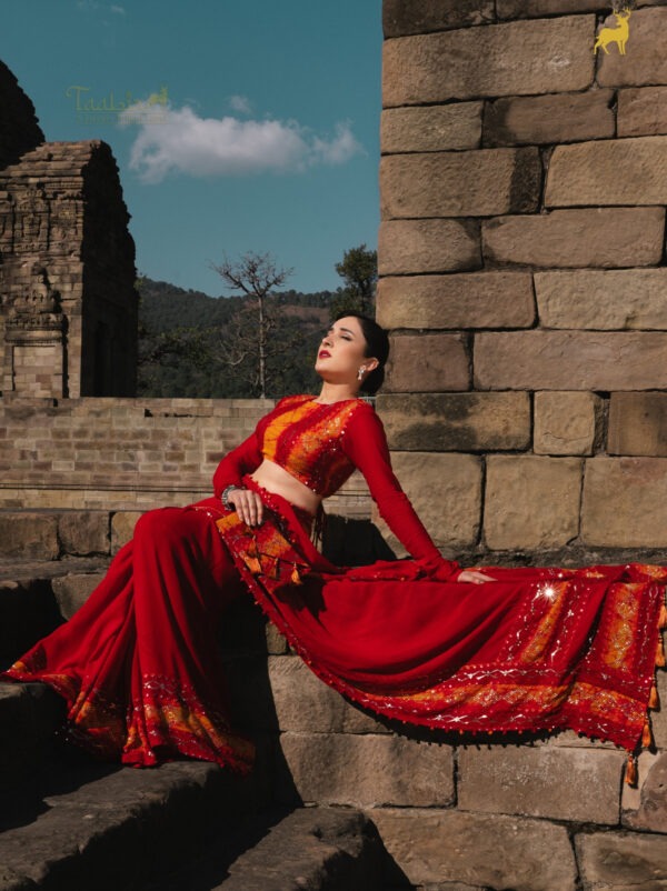 Yellow & Red Bandhani Saree with Backless Blouse