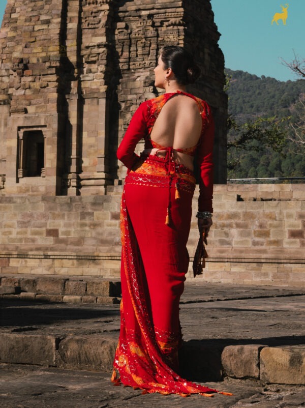 Yellow & Red Bandhani Saree with Backless Blouse