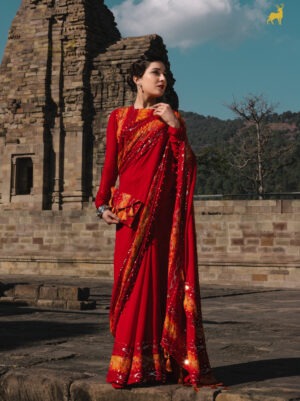 Yellow & Red Bandhani Saree with Backless Blouse